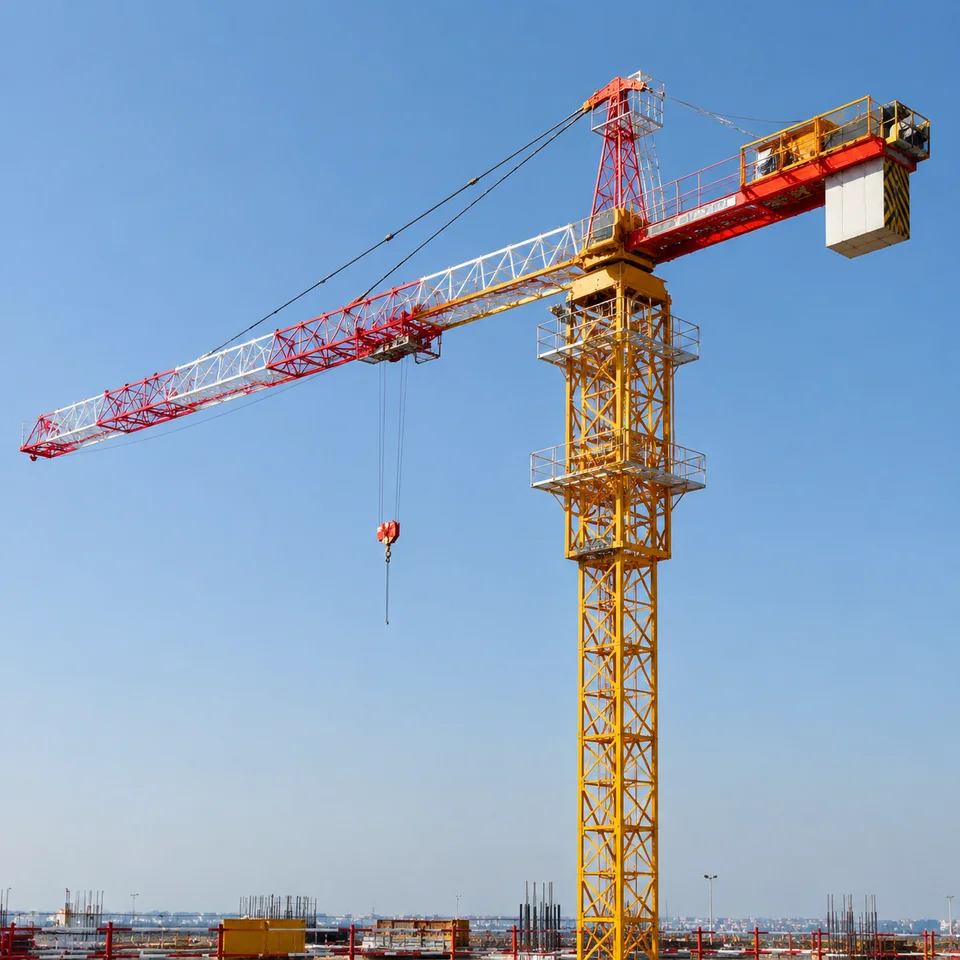 Wenjun QTZ tower crane standing against a clear sky on a construction site
