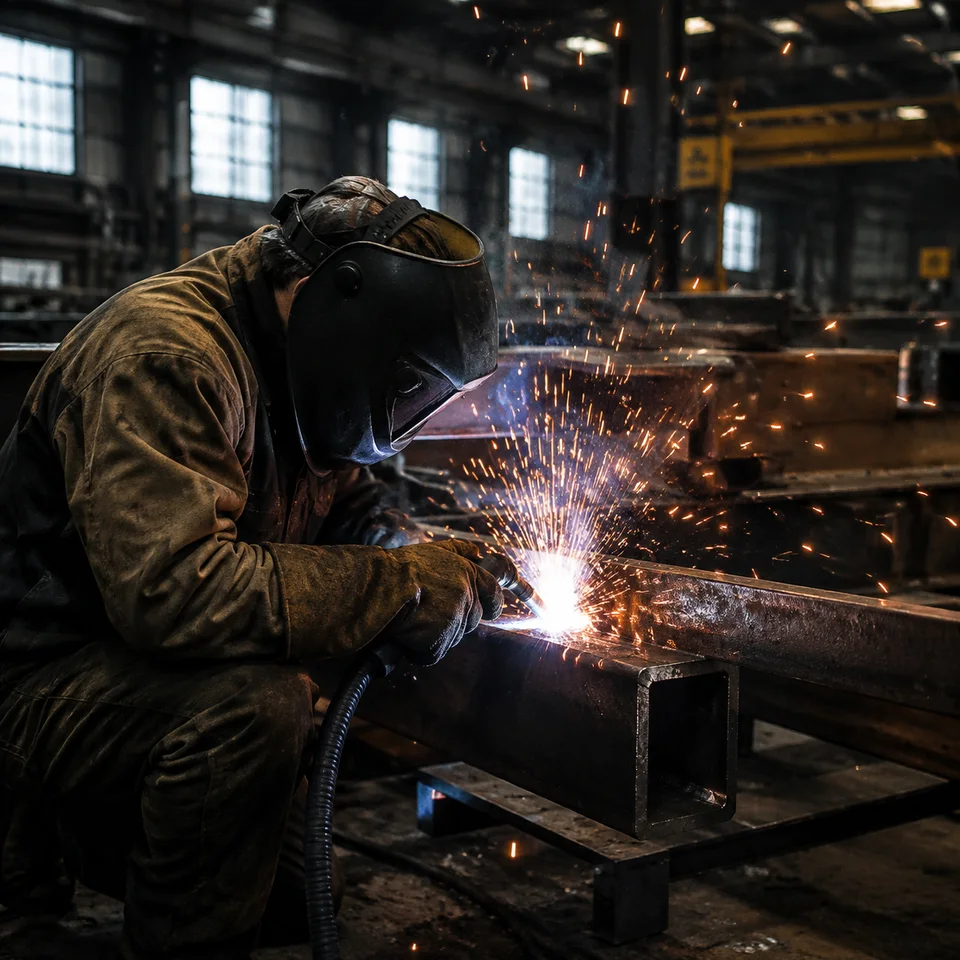 Wenjun welder fabricating a steel frame in the workshop